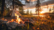 Serene Lakeside Camping at Sunset with Tent and Campfire. Generative ai