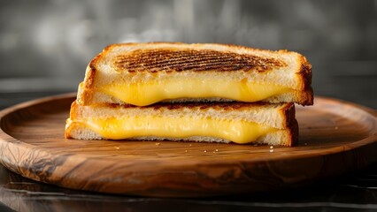 Wall Mural - Close-up of a rustic homemade grilled cheese sandwich on a wooden plate. Concept Food Photography, Rustic Cooking, Homemade Recipe, Grilled Cheese Sandwich, Gastronomy Art