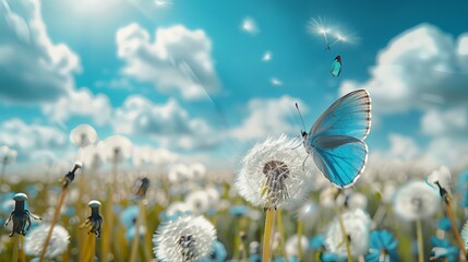 Wall Mural - White fluffy dandelions in a field against a blue sky with clouds and a blue fluttering butterfly. Amazingly beautiful spring nature. Shot with soft selective focus.