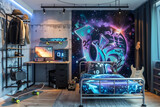 Fototapeta  - An urban-style teenager's bedroom with a graffiti mural in shades of blue and purple on one wall. The room showcases a metal frame bed with a galaxy-themed bedding set, a sleek,
