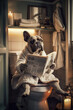 Dog wearing a bathrobe and reading a newspaper