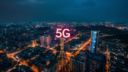 Aufkleber - A vibrant 5G sign shines brightly atop a tower, symbolizing tech advancement in the bustling nighttime city.