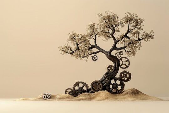Small tree with gears on the branches, concept of creativity, innovation.