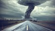   A tornado's black-and-white image looms over a roadside, accompanied by a storm-filled sky teeming with ominous clouds A lone car sits