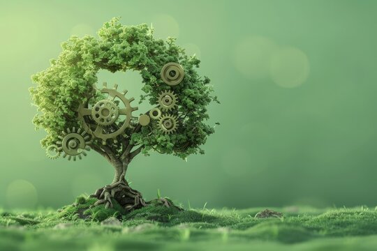 Small tree with gears on the branches, concept of creativity, innovation.