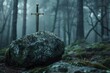 Sword stuck in stone in a dark forest, fantasy and history concept.