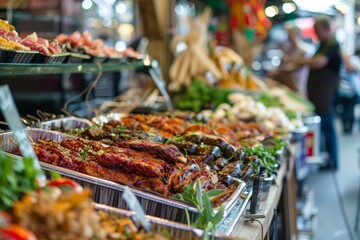 Wall Mural - Various dishes and ingredients neatly arranged on a wooden table at an artisan market