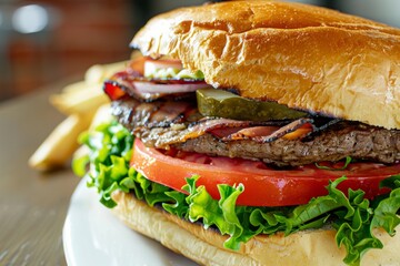 Canvas Print - A closeup of a large burger with layers of meat and vegetables on a plate