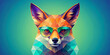 A geometrically stylized fox head is depicted wearing round, green-tinted glasses. It features a range of colors and triangular shapes that give it a modern, digital appearance.AI generated.