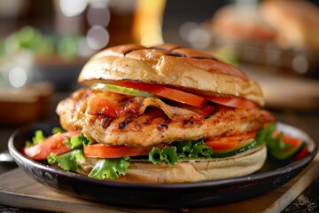 Wall Mural - A mouth-watering deluxe chicken sandwich topped with fresh tomatoes and crisp lettuce on a neatly arranged plate