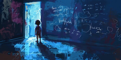 Wall Mural - a boy in nightmare realm with messy wall with graffiti scripture, mysterious and horror feeling atmosphere background, dark fantasy illustration , Generative Ai