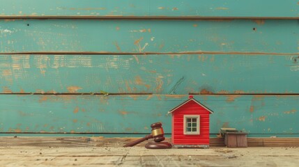 Wall Mural -   A red house with a hammer and a gavel on a wooden floor In front of a blue wall