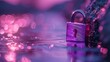   A purple padlock atop a body of water, reflecting a radiant blend of purple and pink light