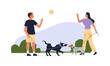 People with dogs on leash greeting each other on walk in summer park vector illustration