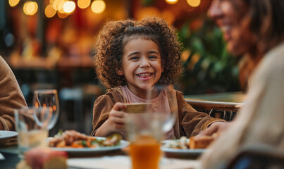 Child kid girl eating lunch dinner breakfast in cafe restaurant with her happy family