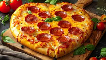Wall Mural - Heart-Shaped Pepperoni Pizza with Basil and Tomatoes on a Wooden Board. Concept Food Photography, Heart-Shaped Pizza, Basil Garnish, Wooden Board Display