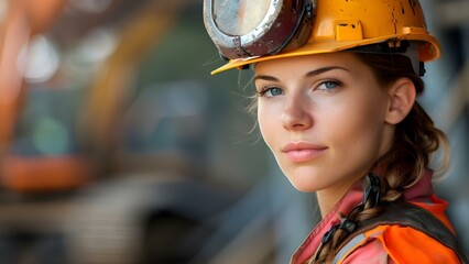 Wall Mural - Portrait of a woman in safety gear at a construction site. Concept Construction Site, Safety Gear, Professional Portrait, Female Worker, Industrial Setting