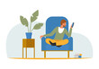 Man sitting in home chair with phone, customer holding smartphone for chat conversation vector illustration