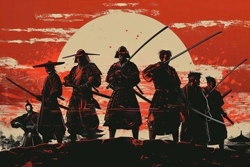 group of samurai warriors standing with katanas anime style illustration