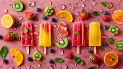 Wall Mural -   Fruit and ice cream popsicles on a pink surface, adorned with water droplets atop