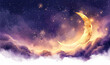 Gold Half Moon on a dark clouds blue background, Ramadan Kareem Greeting Card. Eid mubarak, Eid al Adha banner. Holiday Horizontal cartoon banner with copy space.