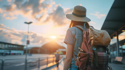 Young woman traveler with backpack and hat walking on the street at sunset.