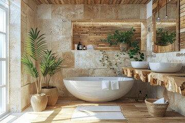 modern rustic bathroom with natural wood and stone elements interior 3d render