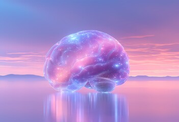 A mesmerizing visual of a brain structure illuminated with galaxy-themed colors against a pink sky