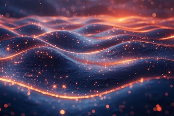 Wall Mural - a mesmerizing visual of undulating waves with glittering red and blue particles against a deep dark 
