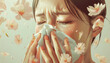Allergy: Illustration of a person suffering from allergies, sneezing into a tissue surrounded by petals, indicating springtime pollen as a likely cause.