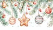© Irina - Multi-colored watercolor New Year's card with fir branches decorated with Christmas balls and cookie figures in the form of stars with red berries on a white snow-covered background,