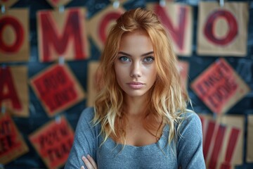 A young woman poses thoughtfully in front of a wall with motivational letters, symbolizing inspiration