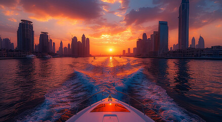 Dynamic photography of fast luxury boat yacht high speed in large city with skyscrapers and sunset view.Macro.AI Generative.