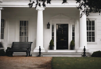 Wall Mural - Black front door of white house tree and bench