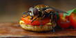 A banner of a disturbing micro shot of a fly eating a leftover burger on a blurred background with copy space.
