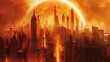 Apocalyptic Cityscape. a city skyline engulfed in flames and protected by a glowing dome, suggesting a catastrophic event. 