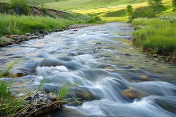 Wall Mural - serene mountain river flowing through tranquil landscape scenic nature photograph