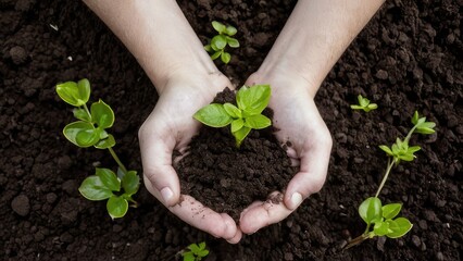  Two hands holding plants with soil. Planting trees to conserve the environmentconcept.