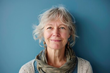 smiling middleaged woman facing camera against blue background studio portrait photography