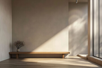 A cozy minimalistic scandi and japandi style room with a wooden bench and plant and sunlight, a interior design.