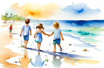 Wall Mural - Watercolor drawing of children playing by the sea