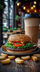 Classic fast food combo hamburger and fries on a white plate