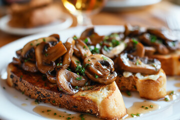 Wall Mural - tasty and healthy vegetarian or veggie mushroom toast or bread, sandwich