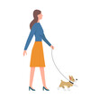 Woman holding leash to walk dog, female pet owner and puppy vector illustration