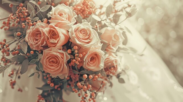 A beautiful bride holds a bouquet of delicate peach colored roses