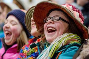 Portrait of three middle-aged women with Down syndrome laughing happily, wearing hats and colorful clothes. Concept of friendship, companionship and disability