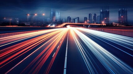 A blurred highway at night, with streaks of light from passing cars creating dynamic lines