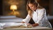 © sorin - Experienced chambermaid in professional attire expertly arranging bedding in upscale hotel room