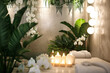 A room in a spa center filled with numerous green plants and candles, creating a serene and cozy atmosphere.