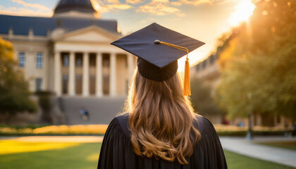 Back view of long-haired student woman in black cap and gown with warm golden lighting, college blurred in background